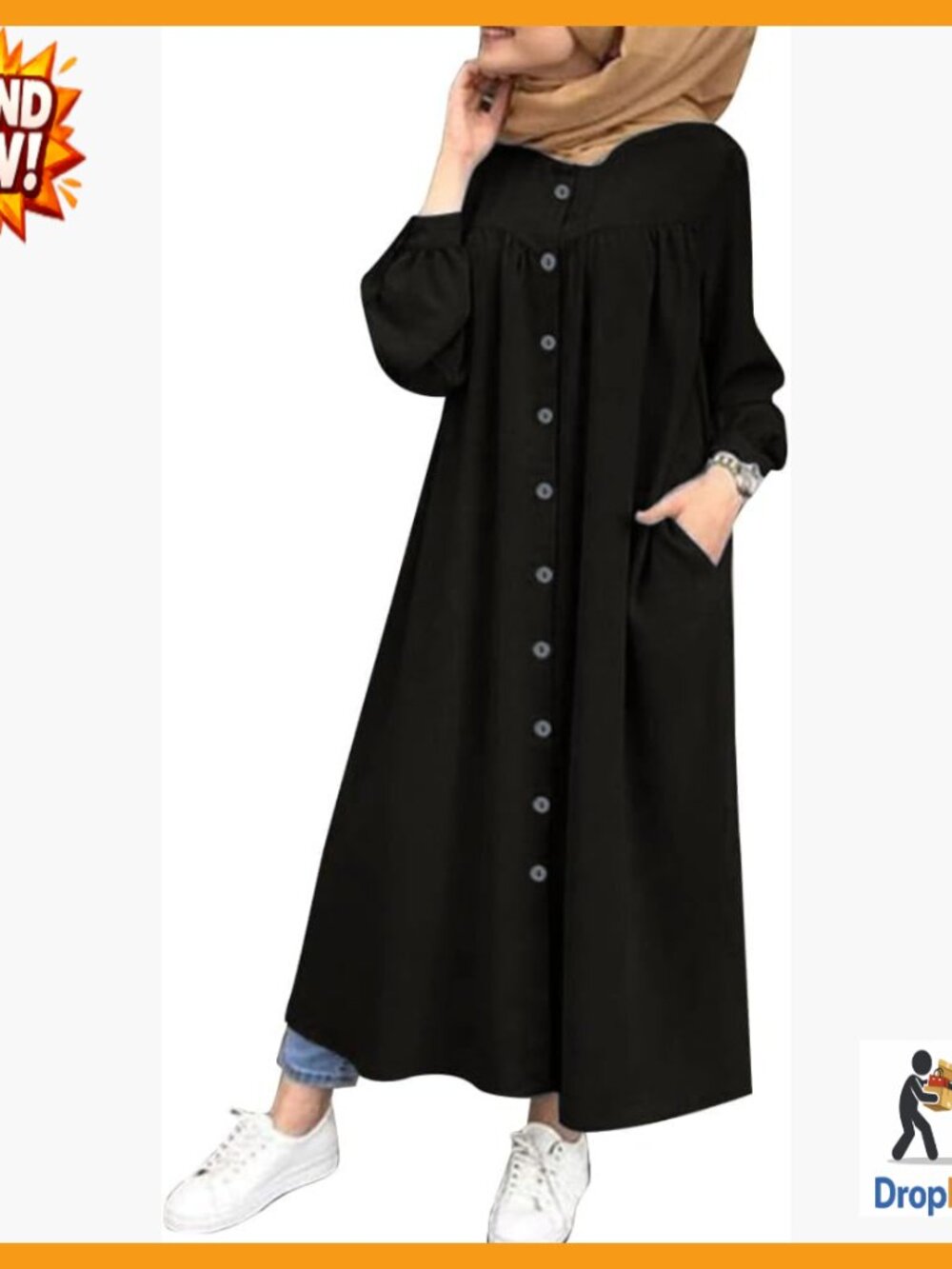 Elegant Long Sleeve Button Down Abaya Dress Loose Fit Casual Chic